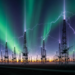 El campo de antenas de HAARP en Gakona, Alaska, con un cielo dramático y auroras boreales que parecen emanar de las propias antenas, simbolizando su poder sobre la atmósfera.