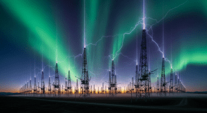 El campo de antenas de HAARP en Gakona, Alaska, con un cielo dramático y auroras boreales que parecen emanar de las propias antenas, simbolizando su poder sobre la atmósfera.