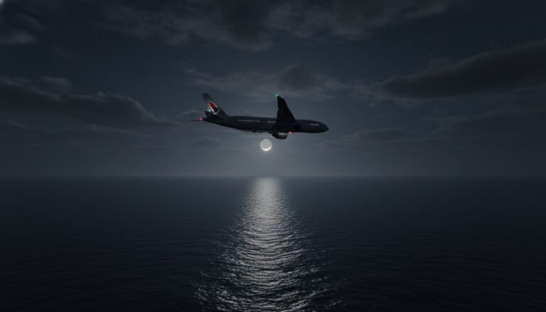 Representación artística del vuelo MH370 volando en la oscuridad sobre el Océano Índico, simbolizando su viaje final hacia lo desconocido.