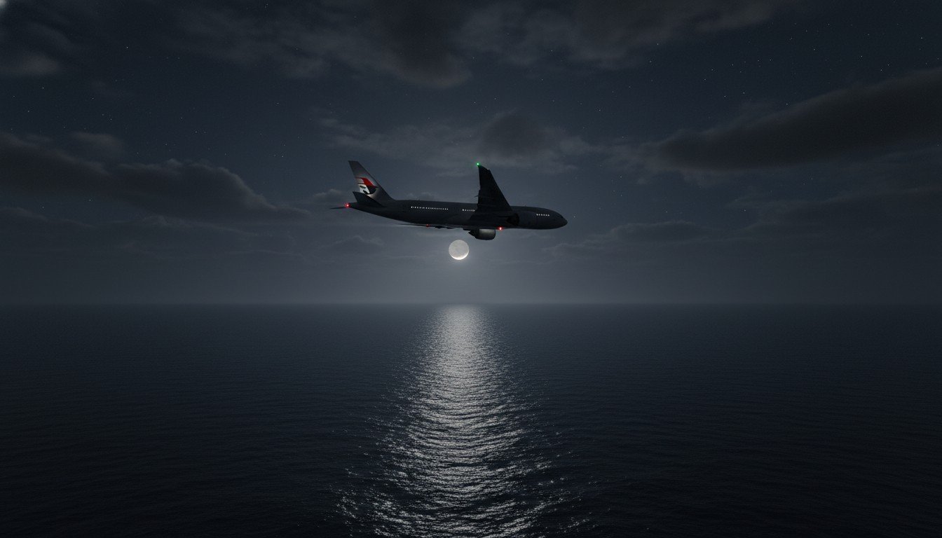 Representación artística del vuelo MH370 volando en la oscuridad sobre el Océano Índico, simbolizando su viaje final hacia lo desconocido.