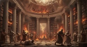 La Gran Biblioteca de Alejandría en llamas, con eruditos intentando rescatar desesperadamente los rollos de papiro, simbolizando la pérdida del conocimiento antiguo.