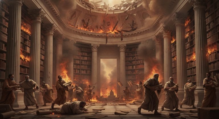 La Gran Biblioteca de Alejandría en llamas, con eruditos intentando rescatar desesperadamente los rollos de papiro, simbolizando la pérdida del conocimiento antiguo.