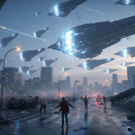 Gigantescas naves espaciales holográficas proyectadas en el cielo sobre una ciudad, con la gente mirando aterrorizada, representando la primera etapa del Proyecto Blue Beam.