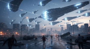 Gigantescas naves espaciales holográficas proyectadas en el cielo sobre una ciudad, con la gente mirando aterrorizada, representando la primera etapa del Proyecto Blue Beam.