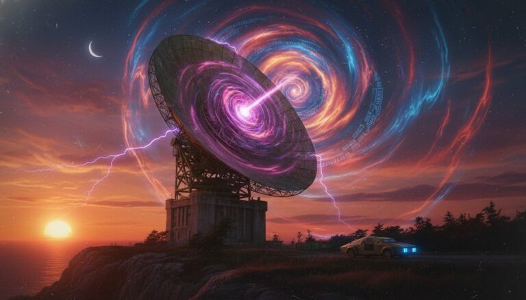 Representación artística de la antena de radar de Camp Hero en Montauk generando un portal dimensional, base de la leyenda urbana.