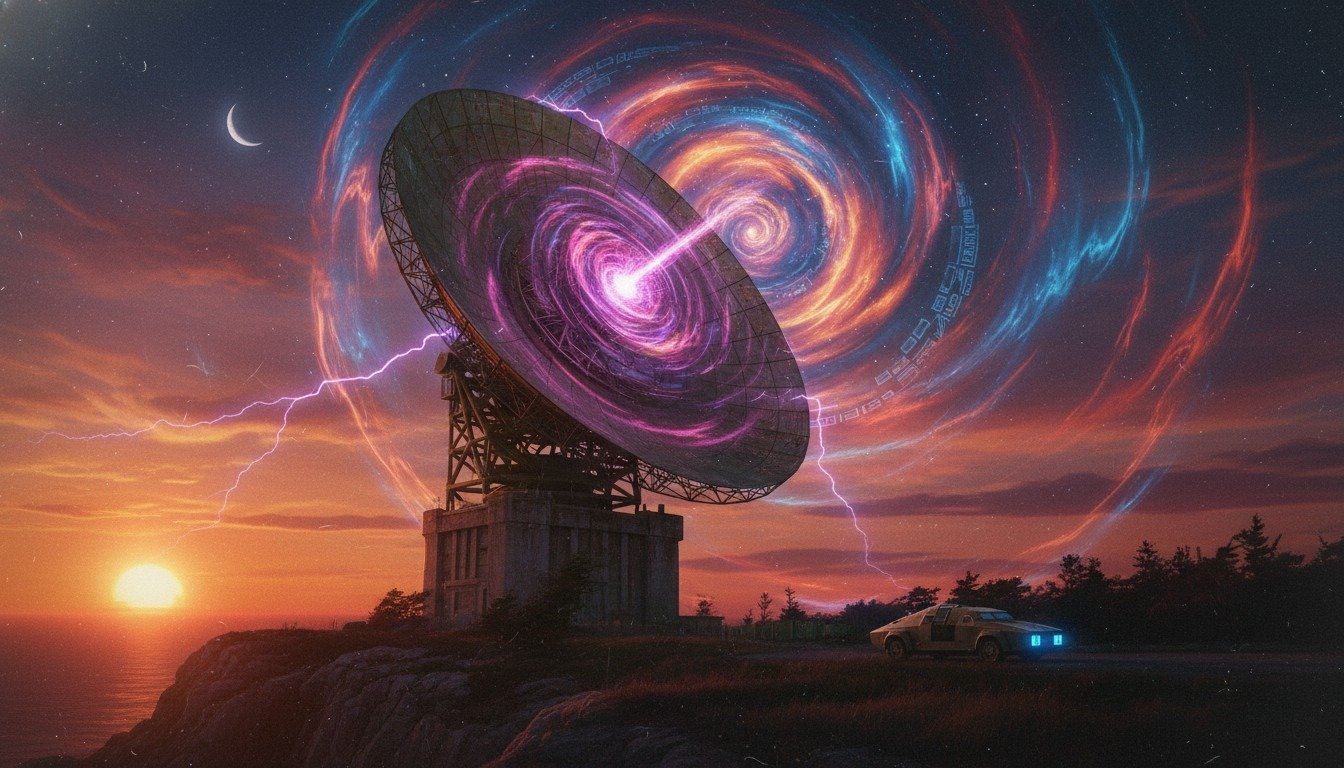 Representación artística de la antena de radar de Camp Hero en Montauk generando un portal dimensional, base de la leyenda urbana.