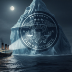 El RMS Titanic navegando hacia un iceberg que tiene la forma del sello de la Reserva Federal, simbolizando la teoría de la conspiración financiera detrás de su hundimiento.