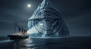 El RMS Titanic navegando hacia un iceberg que tiene la forma del sello de la Reserva Federal, simbolizando la teoría de la conspiración financiera detrás de su hundimiento.