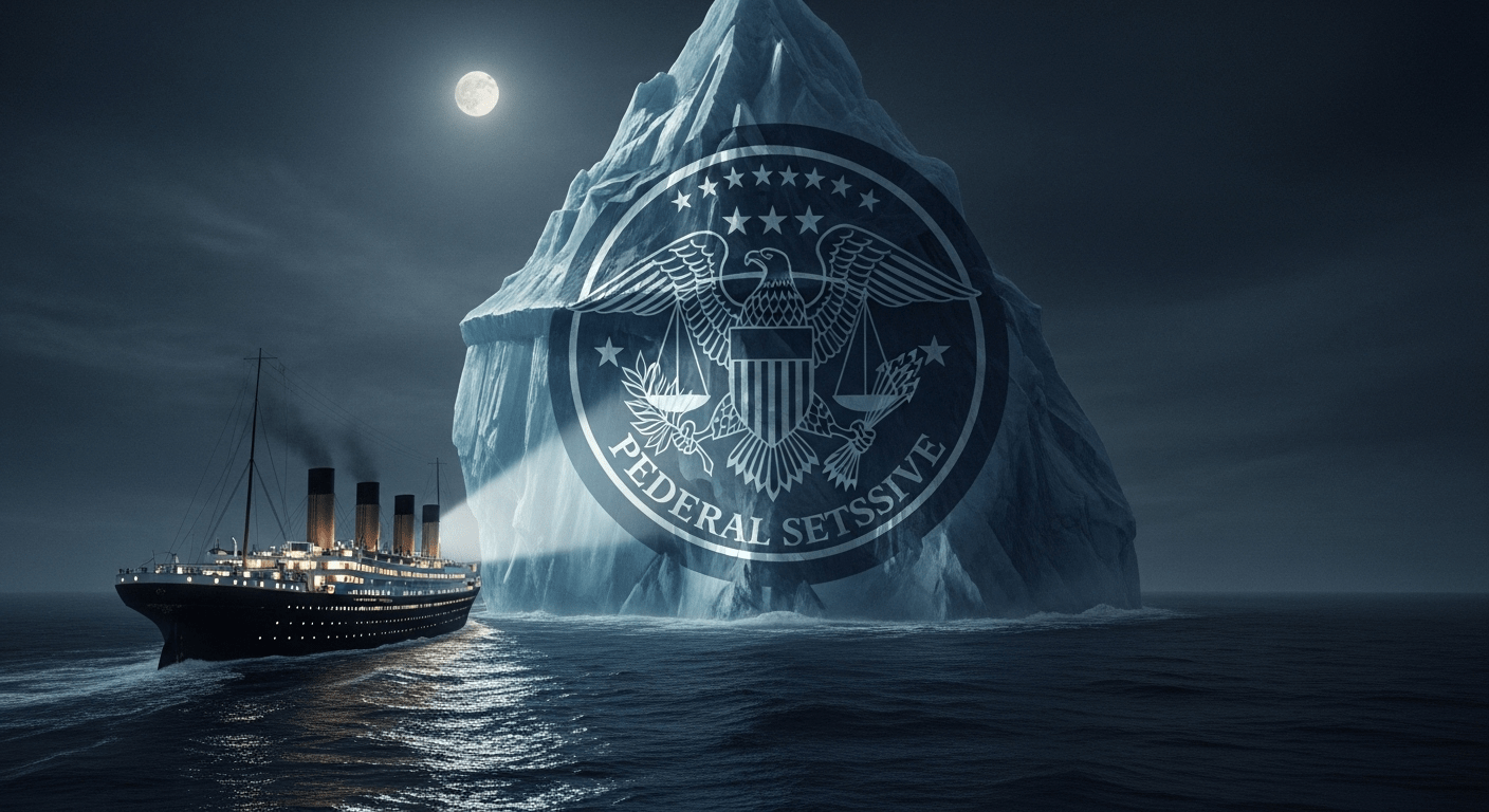 El RMS Titanic navegando hacia un iceberg que tiene la forma del sello de la Reserva Federal, simbolizando la teoría de la conspiración financiera detrás de su hundimiento.