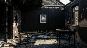Un bombero en las ruinas carbonizadas de una casa, mirando con asombro la pintura de "The Crying Boy", que cuelga intacta en una pared quemada.