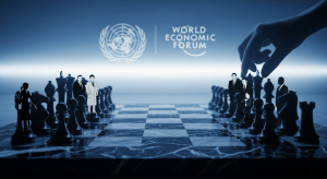 Un tablero de ajedrez global donde una mano sombría mueve a los líderes mundiales como piezas, con los logos de la ONU y el Foro Económico Mundial en el fondo, simbolizando la Agenda 2030 y el Gran Reinicio.