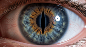 Un ojo humano que, al reflejar la luz, revela una pupila vertical reptiliana, simbolizando la infiltración oculta de la élite reptiliana.