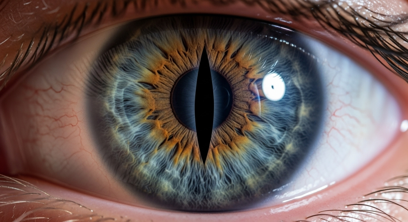 Un ojo humano que, al reflejar la luz, revela una pupila vertical reptiliana, simbolizando la infiltración oculta de la élite reptiliana.