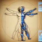 Una recreación del Hombre de Vitruvio de Da Vinci, donde la mitad del cuerpo es humana y la otra mitad es un cyborg avanzado con circuitos, simbolizando la agenda transhumanista.