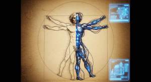 Una recreación del Hombre de Vitruvio de Da Vinci, donde la mitad del cuerpo es humana y la otra mitad es un cyborg avanzado con circuitos, simbolizando la agenda transhumanista.
