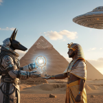 Un antiguo dios egipcio como Anubis entregando un objeto tecnológico brillante a un faraón frente a una pirámide, con un platillo volante flotando en el cielo, simbolizando la hipótesis de los antiguos astronautas.