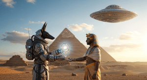 Un antiguo dios egipcio como Anubis entregando un objeto tecnológico brillante a un faraón frente a una pirámide, con un platillo volante flotando en el cielo, simbolizando la hipótesis de los antiguos astronautas.