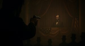John Wilkes Booth a punto de asesinar al presidente Abraham Lincoln en el palco del Teatro Ford, con figuras sombrías observando, simbolizando una conspiración mayor.