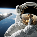 Un astronauta en el espacio con el dedo índice sobre los labios en señal de silencio, mientras en el reflejo de su visor se ve un OVNI, simbolizando el código de silencio.