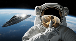 Un astronauta en el espacio con el dedo índice sobre los labios en señal de silencio, mientras en el reflejo de su visor se ve un OVNI, simbolizando el código de silencio.