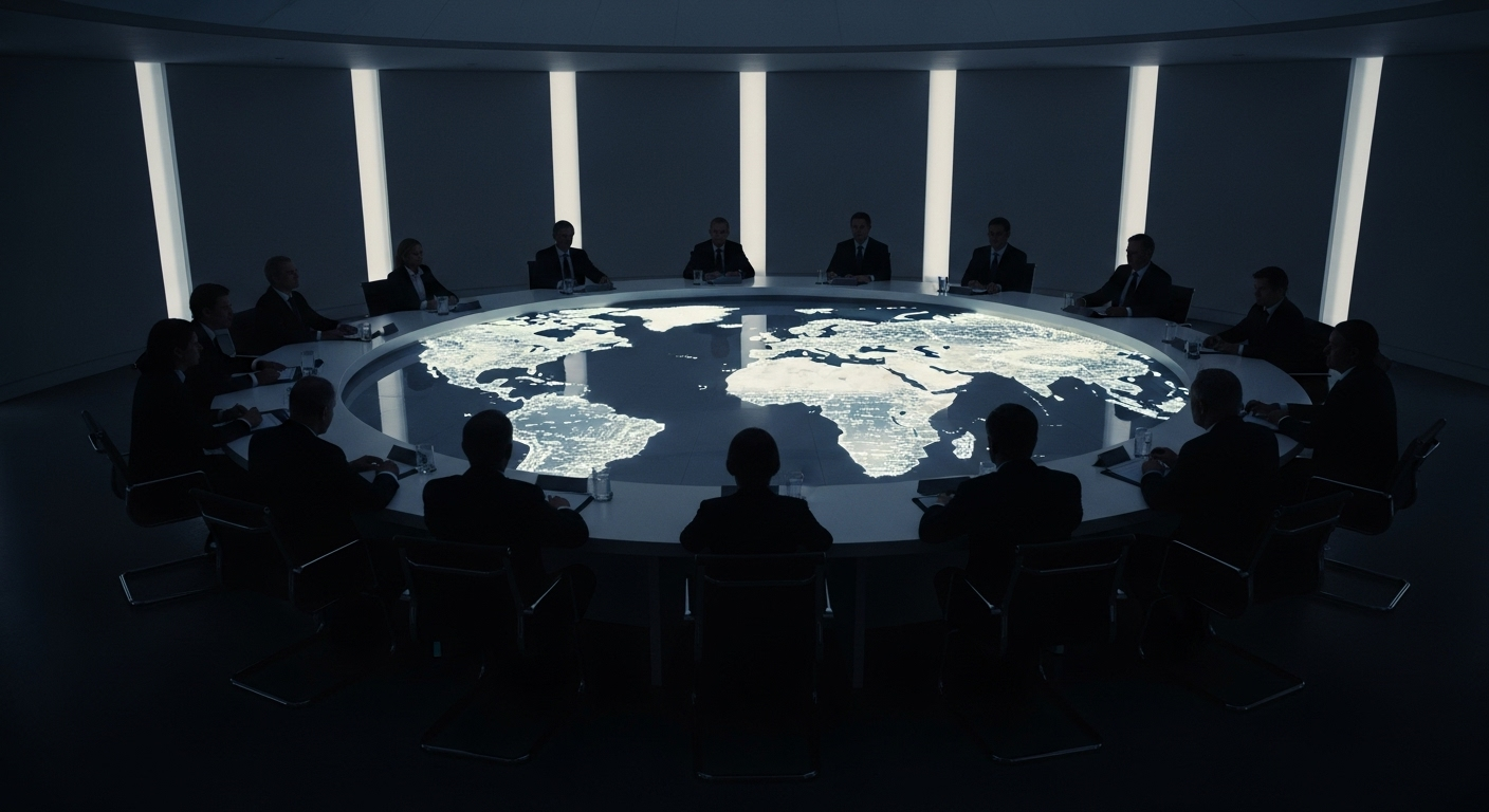 Siluetas de banqueros centrales reunidos en una sala de juntas circular y moderna, con un mapa del mundo proyectado en la mesa, representando una reunión secreta en el BIS.