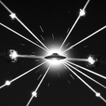 La icónica fotografía de la Batalla de Los Ángeles, mostrando los reflectores antiaéreos convergiendo en un objeto desconocido en el cielo nocturno sobre la ciudad.