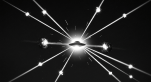 La icónica fotografía de la Batalla de Los Ángeles, mostrando los reflectores antiaéreos convergiendo en un objeto desconocido en el cielo nocturno sobre la ciudad.