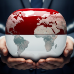 Un globo terráqueo representado como una cápsula de medicamento gigante, sostenida por las manos de un ejecutivo farmacéutico, simbolizando el control de Big Pharma sobre la salud global durante una pandemia.