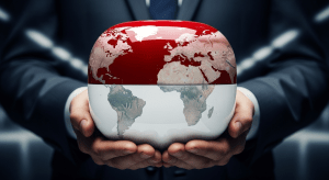 Un globo terráqueo representado como una cápsula de medicamento gigante, sostenida por las manos de un ejecutivo farmacéutico, simbolizando el control de Big Pharma sobre la salud global durante una pandemia.