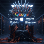 Un trono moderno hecho de servidores y cables de fibra óptica, con los logos de las grandes tecnológicas brillando en la oscuridad, simbolizando su ascenso como el nuevo poder gobernante.