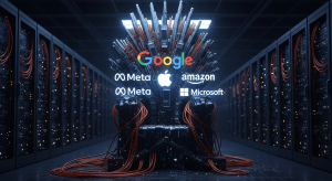 Un trono moderno hecho de servidores y cables de fibra óptica, con los logos de las grandes tecnológicas brillando en la oscuridad, simbolizando su ascenso como el nuevo poder gobernante.