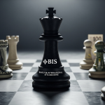 Una torre de ajedrez oscura y ominosa con el logo del BIS, dominando un tablero de ajedrez global donde las monedas del mundo son los peones, simbolizando el poder centralizado del Banco de Pagos Internacionales.