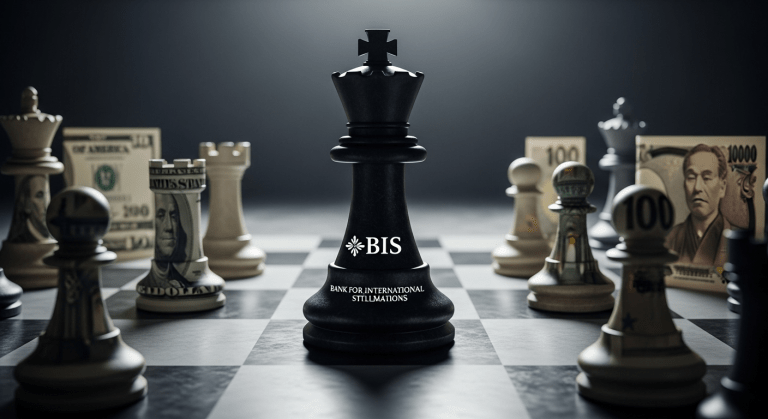 Una torre de ajedrez oscura y ominosa con el logo del BIS, dominando un tablero de ajedrez global donde las monedas del mundo son los peones, simbolizando el poder centralizado del Banco de Pagos Internacionales.
