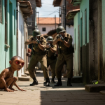 Soldados del ejército brasileño en 1996 acordonando una zona urbana de Varginha, con la silueta de una extraña criatura agachada en un callejón, simbolizando la captura de los seres.