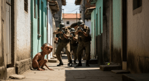 Soldados del ejército brasileño en 1996 acordonando una zona urbana de Varginha, con la silueta de una extraña criatura agachada en un callejón, simbolizando la captura de los seres.