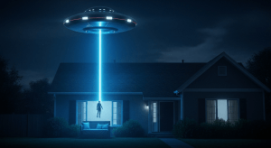 Una persona flotando en un haz de luz que emana de un platillo volante sobre su casa, simbolizando el momento de la abducción en un Contacto de Cuarto Tipo.