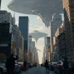 Una gigantesca nave nodriza extraterrestre apareciendo sobre una gran ciudad, con la gente en las calles mirando hacia arriba con una mezcla de asombro y miedo, simbolizando un evento de contacto masivo.