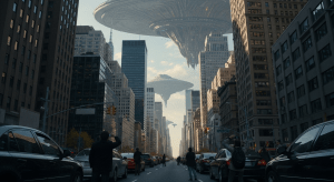 Una gigantesca nave nodriza extraterrestre apareciendo sobre una gran ciudad, con la gente en las calles mirando hacia arriba con una mezcla de asombro y miedo, simbolizando un evento de contacto masivo.
