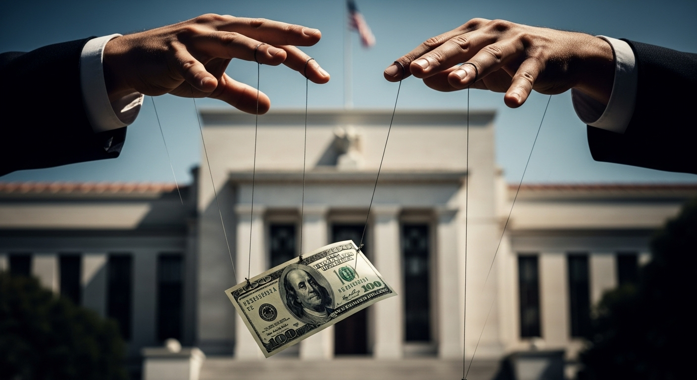 Manos de titiritero controlando un billete de dólar estadounidense frente al edificio de la Reserva Federal, simbolizando el control privado.