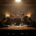Siluetas de banqueros en la reunión secreta de Jekyll Island, planificando la creación de la Reserva Federal en una habitación con poca luz.