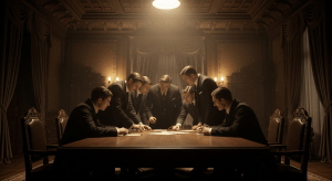 Siluetas de banqueros en la reunión secreta de Jekyll Island, planificando la creación de la Reserva Federal en una habitación con poca luz.