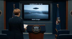 Un oficial de alto rango del Pentágono en una sala de conferencias, presentando un informe con la palabra "UAP" en la portada, mientras en la pantalla detrás de él se ve el video desclasificado del OVNI "Tic Tac".