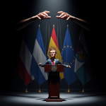 Manos de un titiritero en la sombra controlando a un político que da un discurso en un podio oficial, simbolizando el control del Estado Profundo sobre la democracia visible.