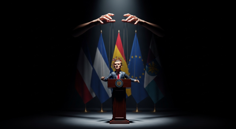 Manos de un titiritero en la sombra controlando a un político que da un discurso en un podio oficial, simbolizando el control del Estado Profundo sobre la democracia visible.