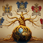 Un antiguo árbol genealógico cuyas raíces son de oro y se hunden en el globo terráqueo, y cuyas ramas tienen los escudos de armas de familias como los Rothschild y Rockefeller, simbolizando su poder arraigado y global.