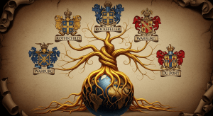 Un antiguo árbol genealógico cuyas raíces son de oro y se hunden en el globo terráqueo, y cuyas ramas tienen los escudos de armas de familias como los Rothschild y Rockefeller, simbolizando su poder arraigado y global.