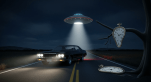 Un reloj de bolsillo derritiéndose al estilo de Dalí sobre el fondo de un coche solitario en una carretera nocturna con un OVNI flotando encima, simbolizando el síndrome del tiempo perdido en las abducciones.