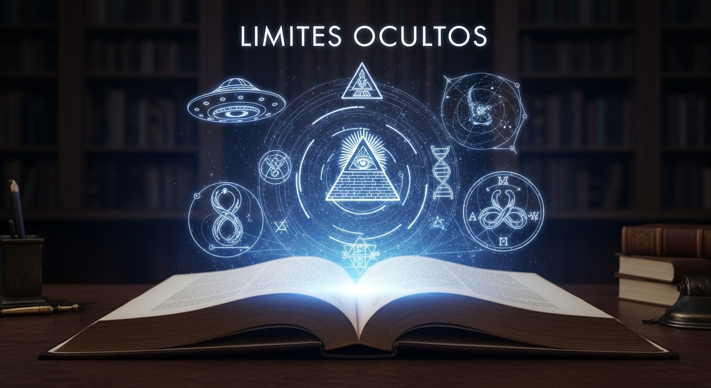 Un antiguo libro abierto en una biblioteca oscura, del cual emerge un holograma brillante que muestra un collage de símbolos de LÍMITES OCULTOS: un OVNI, una pirámide, ADN y símbolos alquímicos.