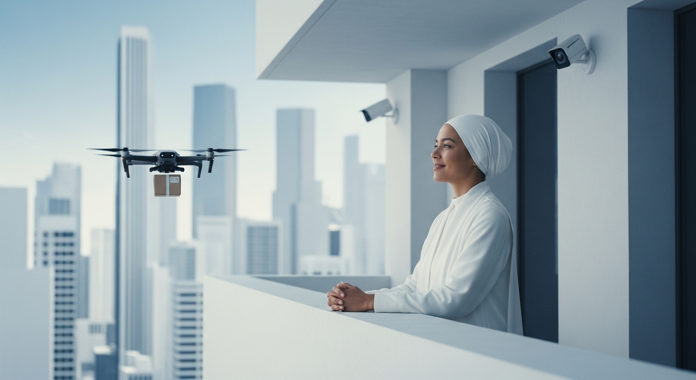 Una persona en una ciudad futurista y minimalista sonríe a una cámara de vigilancia mientras un dron le entrega un paquete, encapsulando la frase "No poseerás nada y serás feliz".