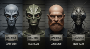 Un collage de retratos de diferentes tipos de seres extraterrestres (Gris, Reptiliano, Nórdico, Insectoide) dispuestos como en una guía de campo o un archivo de inteligencia.